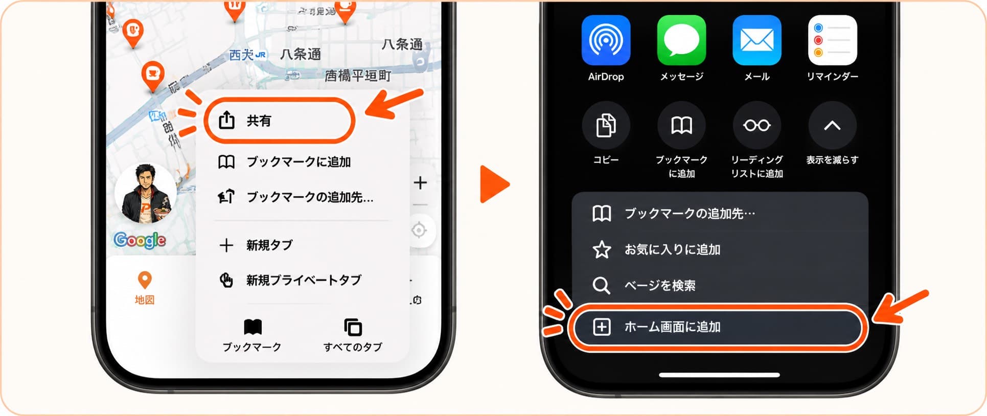 共有ボタンから「ホーム画面に追加」を選ぶ手順